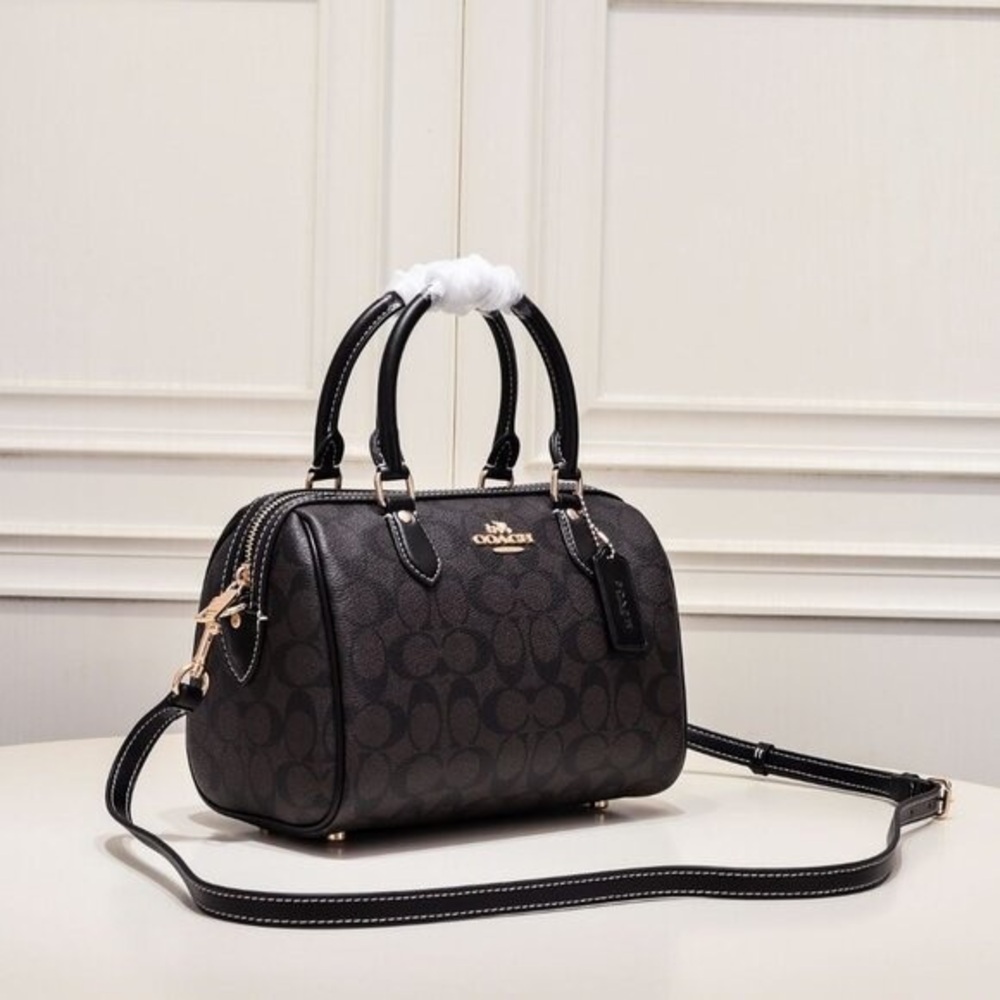 Coach Rowan Large Satchel Crossbody Bag Signature Canvas Walnut /Black NWT - Picture 2 of 8
